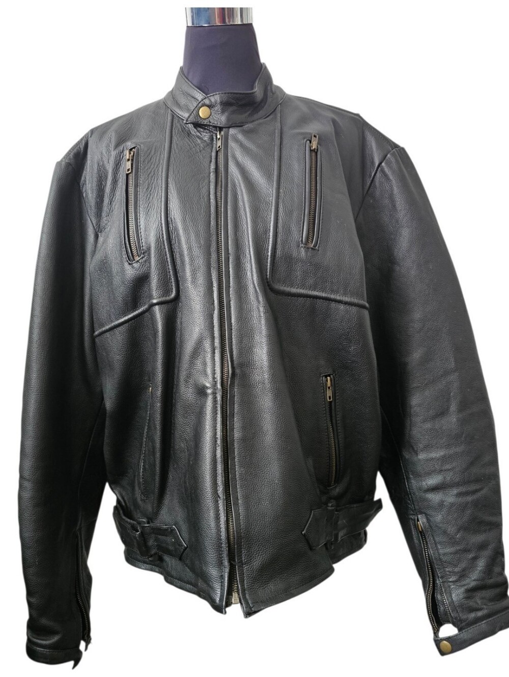 Vintage Black Heavy Leather Motorcycle Jacket Moto Biker Bomber Size XXL